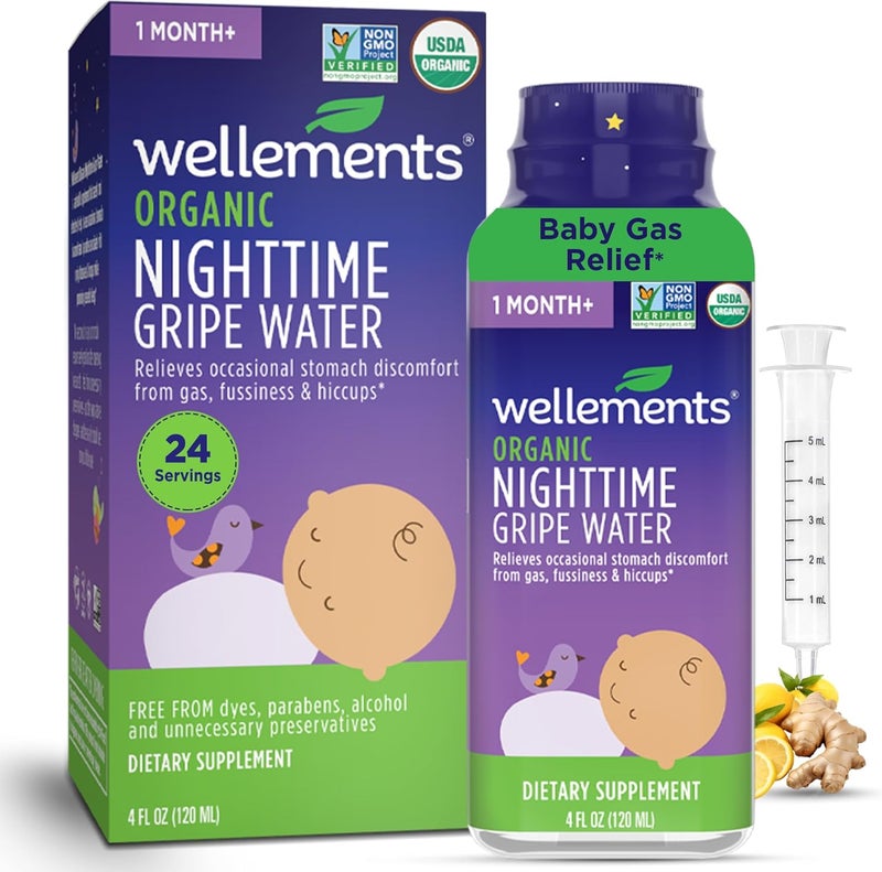 Wellements Organic Nighttime Gripe Water for Babies 1 Month+ (4 Fl Oz) - Baby Gripe Water for Bedtime Relief Gas, Colic & Fussiness - Herbs Promote a Peaceful Night’s Sleep - USDA Certified & Non GMO - Image 1